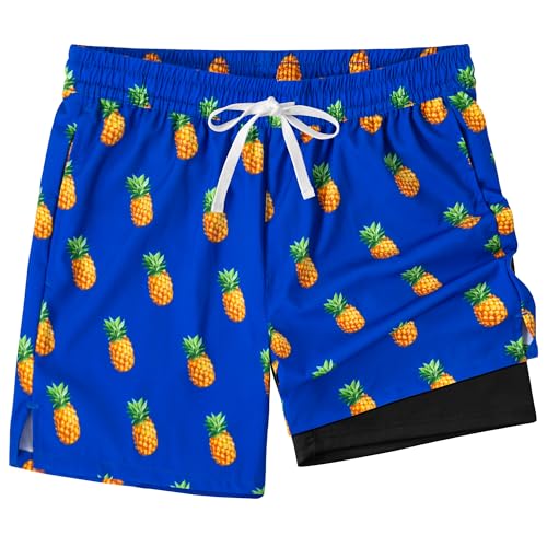 Image of XOMZG Men's Swim Trunks, 2 in 1 Bathing Suits Quick Dry Beach Hawaiian Board Shorts with Pockets