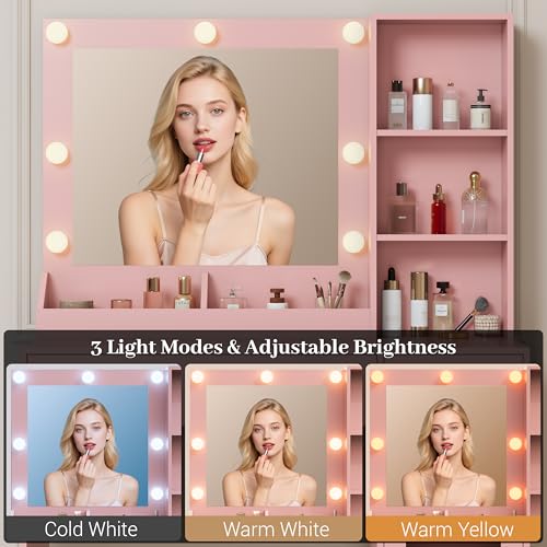 Image of Wodeer Small Makeup Vanity Desk with Mirror and Lights, Vanity with Glass Cabinet, LED Lights & Power Outlet, Drawer & RGB Glass Cabinets, Adjustable Lighted Dressing Table for Women & Girls Bedroom