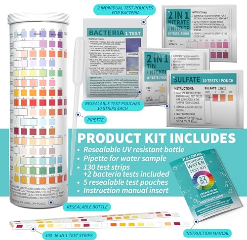 Palinoia 22 in 1 Drinking Water Test Kit with 130 Strips - Well, Faucet, Household Test Strip for Fluoride, Lead, Hardness, Chlorine, Iron, Copper and More