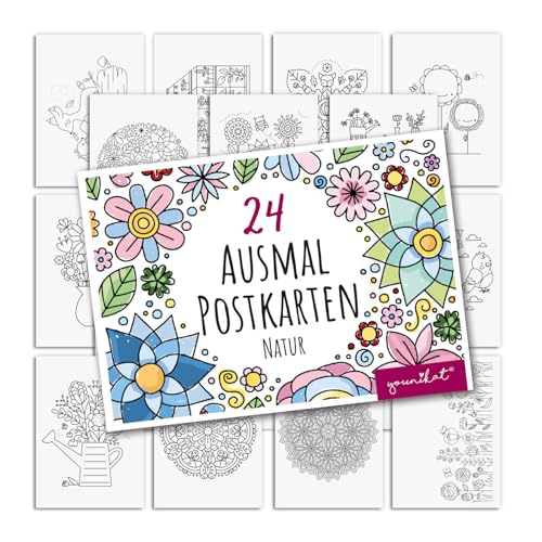 younikat Nature Postcards for Colouring, Pack of 24, DIN A6, Children and Adults, for DIY Flowers, Animals, DV1545