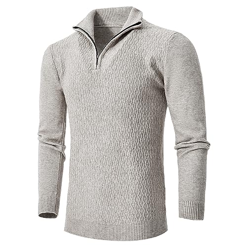 Men's Casual Cable Knit Zip Up Long Sleeve Polo Sweater Mock Neck Pullover Sweater