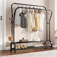 Metal Clothes Rail Clothing Rack with Double Hanging Rails, Free Standing Garment Display Coat Stand for Bedroom, w/ 4 Side Hooks and 2-Tier Lower Storage Shelf Black