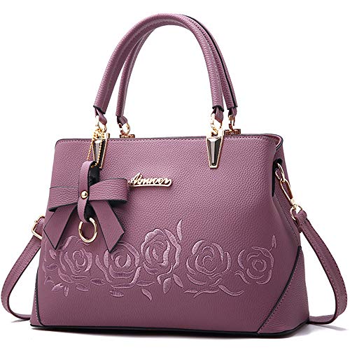 Image of Downupdown Top Handle Bag Women Handbags Faux Leather Satchel Flower Embroidery Purse Medium Tote Bags Crossbody Shoulder Bag