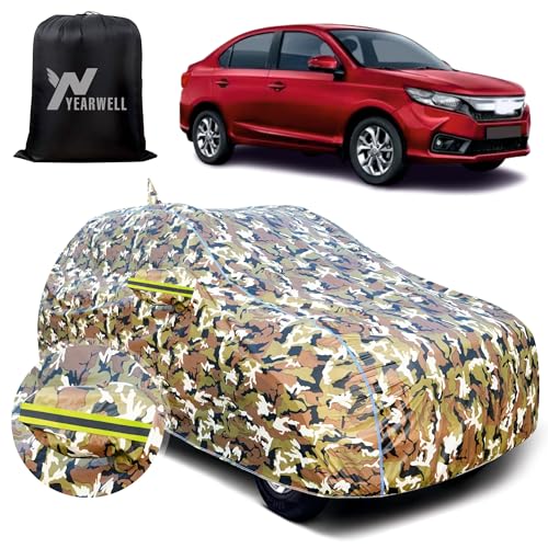 Image of Car Body Cover for Honda Amaze (2024-2025), 100% Waterproof, Heat-Resistant with Mirror & Antenna Pockets, Soft Cotton Lining, Triple Stitched, Green Reflector (Jungle Print)