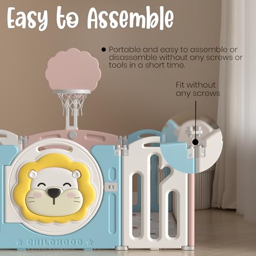 Image of 46 Sq Ft Extra Large Baby Playpen | Lion-Themed 20-Panel Play Yard with Soft Mat & Basketball Hoop | Indoor /Outdoor Toddler Fence | Blue-Pink-White | ISO & CE Certified