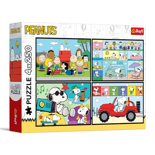 Trefl - Puzzle 4 en 1 : Peanuts, Les Aventures de Peanuts - 4 x 250 pièces - Lot de Quatre Puzzles pour Adolescents