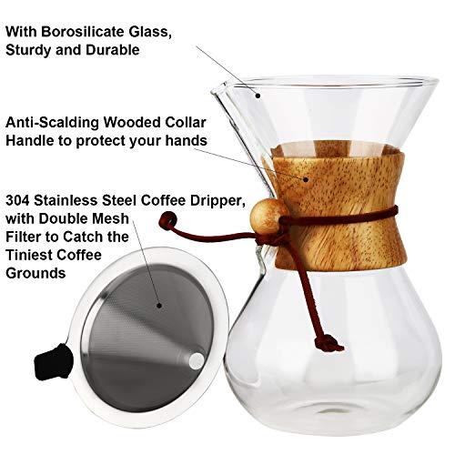 Pour Over Coffee Maker, OAMCEG 28 oz Borosilicate Glass Carafe and Reusable Stainless Steel Permanent Filter Manual Coffee Dripper Brewer with Real Wood Sleeve