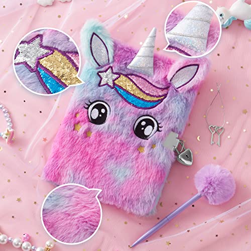 Plush Unicorn Notebook Set - Sparkly Journal Unicorn Diary For Girls Kids Gift Embroidery Fuzzy School Travel A5 Secret Lined Notepad Ballpoint Pens Tape With Locks And Keys #TOP2