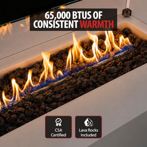 Image of AMS Creations | Madison 60 inch Bundle Rectangular Propane Gas Outdoor Fire Pit Table | Cream White Concrete GFRC | Smooth Texture or Surface | Electronic Ignition | Outside Backyard Fireplace