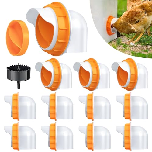 Chicken Feeder Port 12 Pack Chicken Feeders No Waste with 12 Lids 1 Drill Bit DIY Automatic Poultry Feeder Cups Kit Chicken Bucket Feeder for Barrels ((Orange)