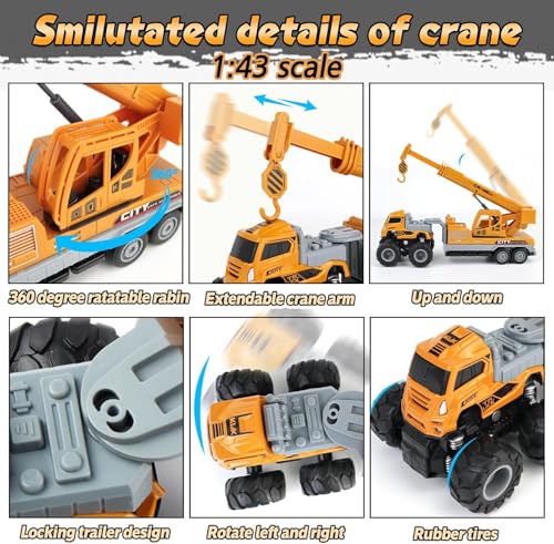 Image of Friction Powered Engineering Crane Truck Toys for Kids Boys Girls 1:43 Die Cast Alloy Model Transport Construction Toy Pull Back Miniature Vehicle (Multicolor)