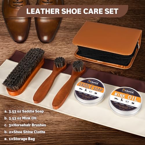 Nuroon 8 Pieces Shoe Polish Kit, 3.5oz Saddle Soap for Leather Cleaning, 3.5oz Mink Oil for Boots Polish, 3 Horsehair Shoe Brushes, Shoe Polish Cloths, Leather Cleaner and Conditioner
