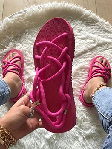 Sandalen Frau Schuhe Geflochtenes Seil Strandschuhe Open Toe Damen Strandsandalen Römische Sandalen rutschfeste Flip Flops (Pink 5.5 UK) Cover