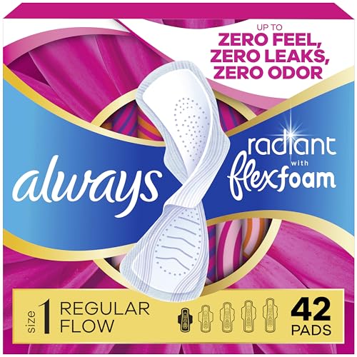 Always Radiant Feminine Pads for Women, Flexfoam Pads with Wings, Size 1, Regular Absorbency, Lightly Scented, 42 Count