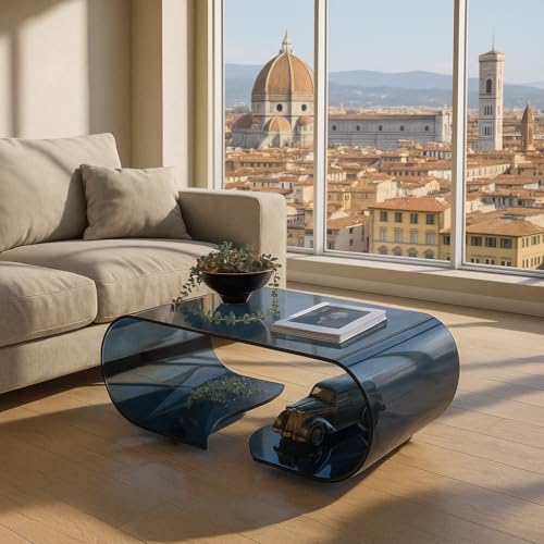 Homely® Mesa de Centro Coffee de Cristal Curvado de una Pieza con Ruedas | Mesa de Centro con Ruedas práctica y versatil | Solo 90x50x39,5 cm. Ideal para Salones pequeños (Gris Smoke)