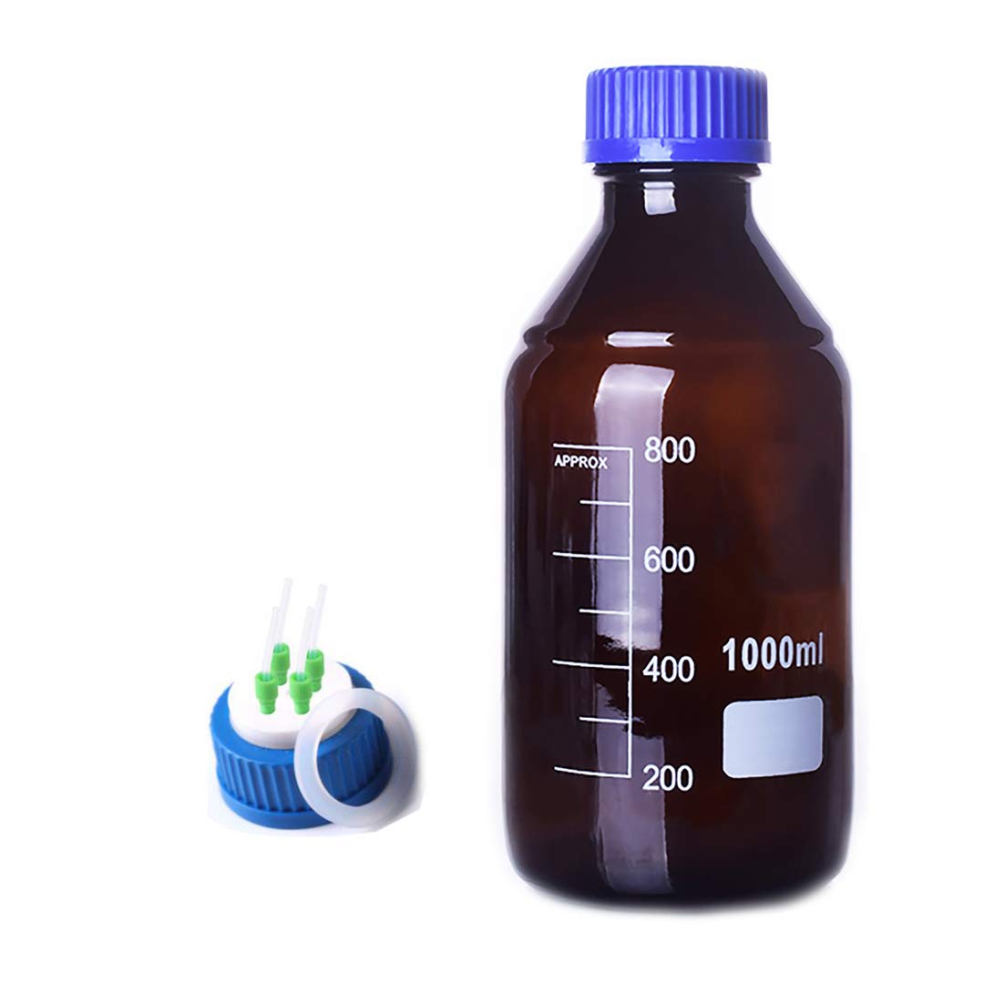 Reagenzien-Aufbewahrungsflasche aus braunem Glas mit GL45-Schraubverschluss – hochtemperaturbeständiger PTFE-4-Loch-Deckel for die mobile Phase(100ml)