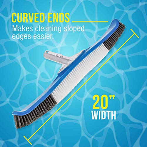 U.s. Pool Supply Professional Heavy Duty 20" Flexible Floor & Wall Pool Brush With Polished Aluminum Ez Clip Handle - Curved Ends, Durable Nylon Bristles - Sweep Debris From Walls, Floors, Steps #TOP2
