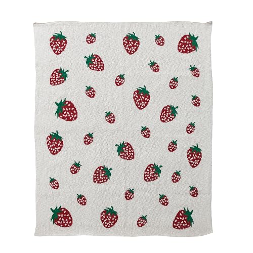 Image of Creative Co-Op Cotton Knit Baby Blanket with Strawberry Pattern, Cream, Red and Green