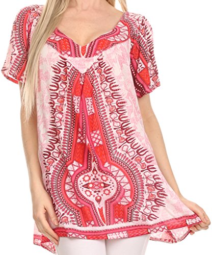 Sakkas Brinks Caftan Cap Sleeve Blouse Top Cover Up with Tribal and Floral Print
