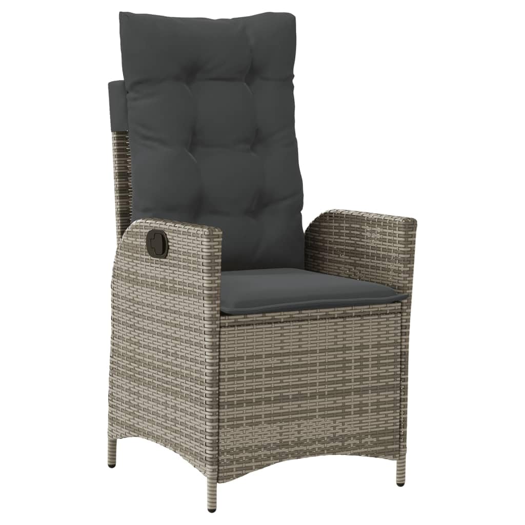 Conjunto de comedor de jardín para terraza con respaldo ajustable y tablero de mesa en color gris de poliratán, incluye cojines y fundas extraíbles