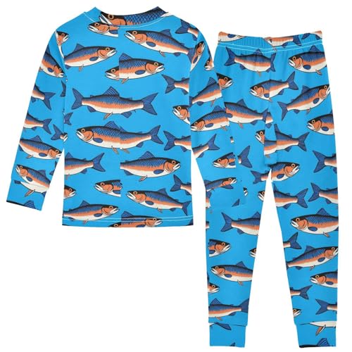 Pajama Sets Long Sleeve Fish Pattern on Blue Soft Comfy Sleepwear 2 Piece PJS 3-8T3