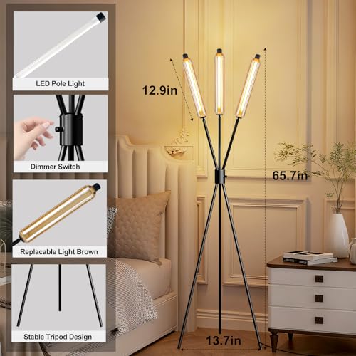 Image of Lightdot LED Tripod Floor Lamps for Living Room, Stepless Dimmable Modern Standing Tall Lamp with 360 LED LampHead,Mid Century Industrial Floor Lamp for Bedroom /Sofa Beside /Corner Decor-Black