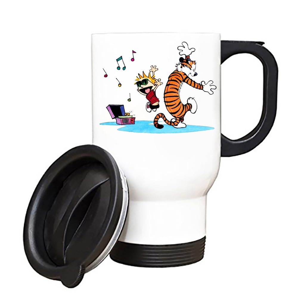 Giftme Calvin and Hobbes Dancing with Music, Cartoon Character, Travel Silver White Tea Coffee Mug. (White)