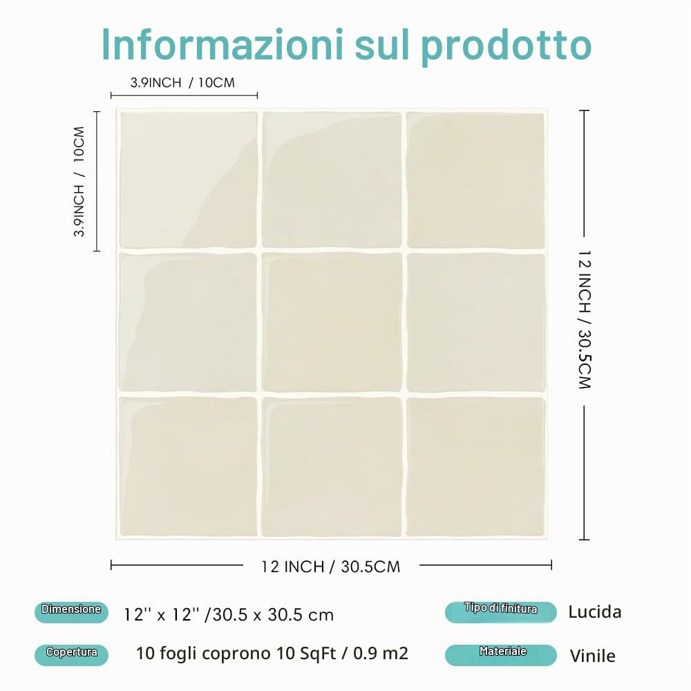 Commomy Più Spessi Piastrelle Adesive Cucina Beige, 10 pezzi | Paraschizzi Cucina Mattonelle Adesive Bagno, Vinile Pannelli Decorative 3D per Parete,30,5 x 30,5 cm