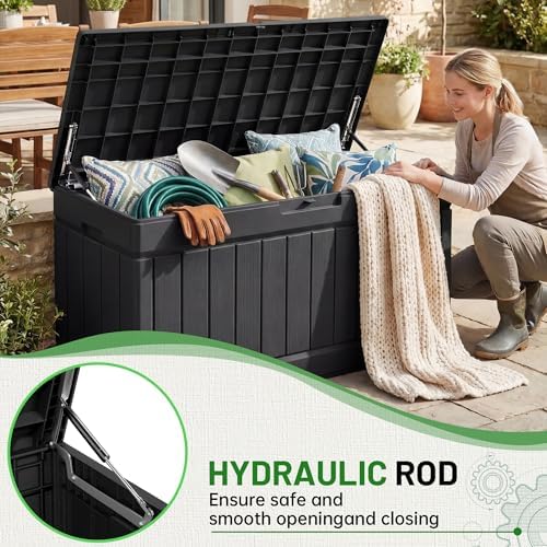GUNJI 80 Gallon Resin Deck Box - Ideal Indoor & Outdoor Storage Solution, Water-Repellent & UV-Protected for Gardening Tools, Pool Accessories, & Cushions, Featuring Lockable Design(Deep Black) - 3