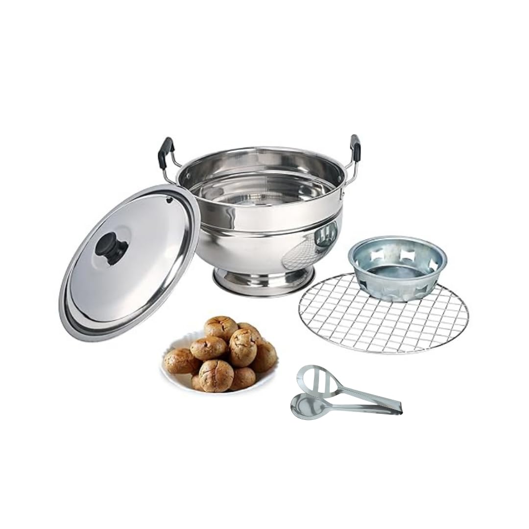 Stainless Steel Tandoor Baati Cooker, Multi-Purpose Gas Oven with Heavy Duty Lid, Dual Riveted Handles