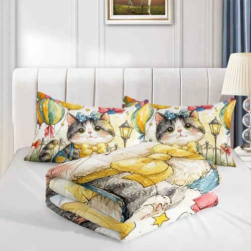 Image of AILONEN Cute Kitten Comforter Full Size 3-Piece Watercolor Cat Bedding Whimsical Bow Tie Pet Quilted Cover Teens Dorm Room Decor Aesthetic Animal Duvet Alternative Light Breathable Bedspread