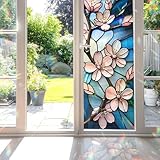 Cherry Blossom Dancing in The Wind Stained Glass Window Film, Flower Stained Glass Window Film for Bathroom Door Heat Anti UV