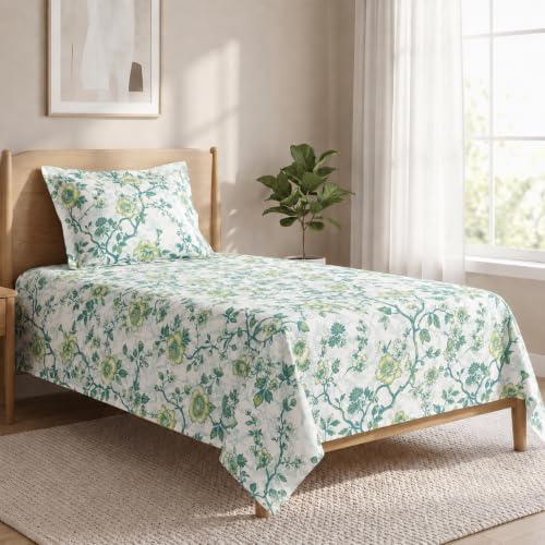 Image of LANE LINEN Symphony | 100% Cotton Sheet Set | Soft & Breathable Fabric | 2 Piece (1 Bedsheet + 1 Pillow Cover) | Single Bed Sheet Set - Mint and Aqua Flower