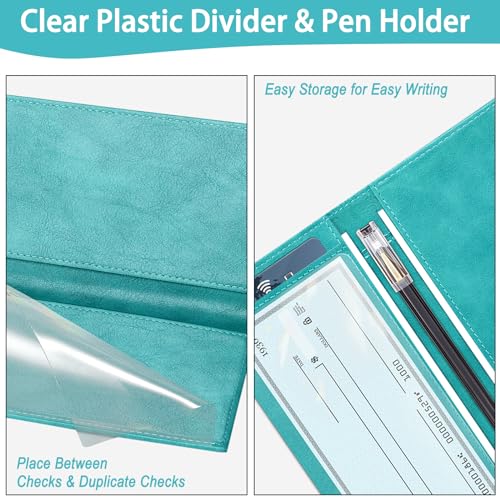 LLi Cufite Leather Checkbook Cover for Top & Side Tear Registers Duplicate Checks with Plastic Insert Flap Card Holder Pen Hoop Slim Wallet for Men Women
