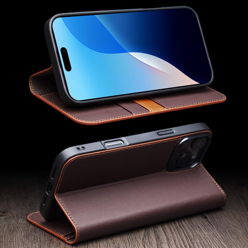 Étui iPhone 16 Pro marron à rabat magnétique, housse en cuir véritable uni