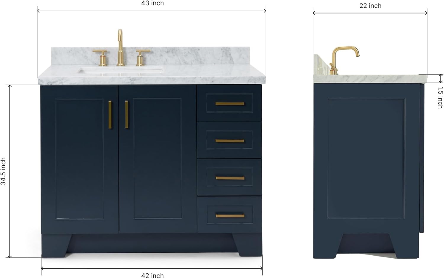 ARIEL Taylor 42-inch Bathroom Vanity with Sink,Solid Wood, 1.5-inch Italian Carrara Marble Countertop, Single Rectangular Porcelain Sink, 2 Soft Closing Doors, 5 Dovetail Drawers, Midnight Blue