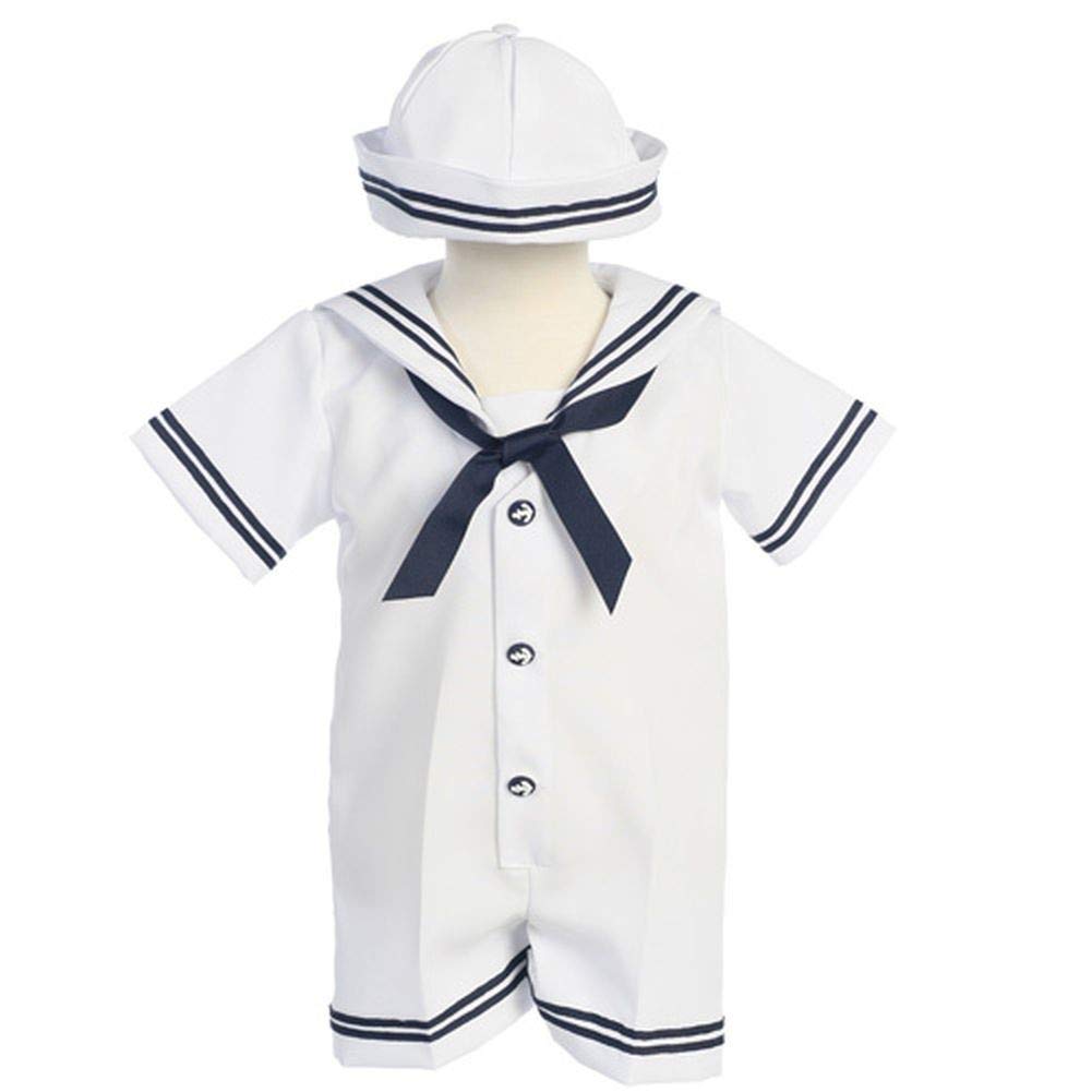 Lito Baby Boys White Navy Sailor Romper Hat Set 3-6M