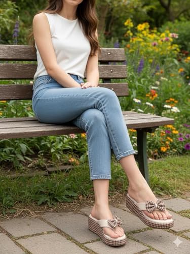 Image of Shoetopia Women's Wedge Flip Flops with Bow - Stylish Platform Sandals, Comfortable Casual Slip-On Slippers for Summer Beach & Daily Footwear