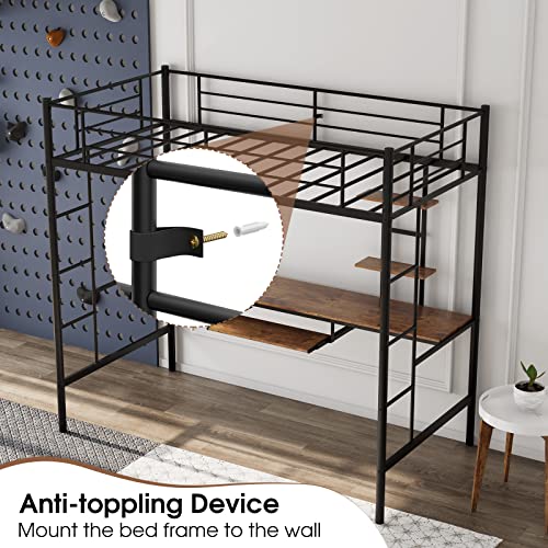 Giantex Twin Loft Bed With Desk And Bookcase, Metal Bunk Bed Frame W/ Guardrail & Bilateral Ladder For Kids Teens Adults, Space-Saving Loft Bed With Keyboard Tray, No Box Spring Needed, Black #TOP6