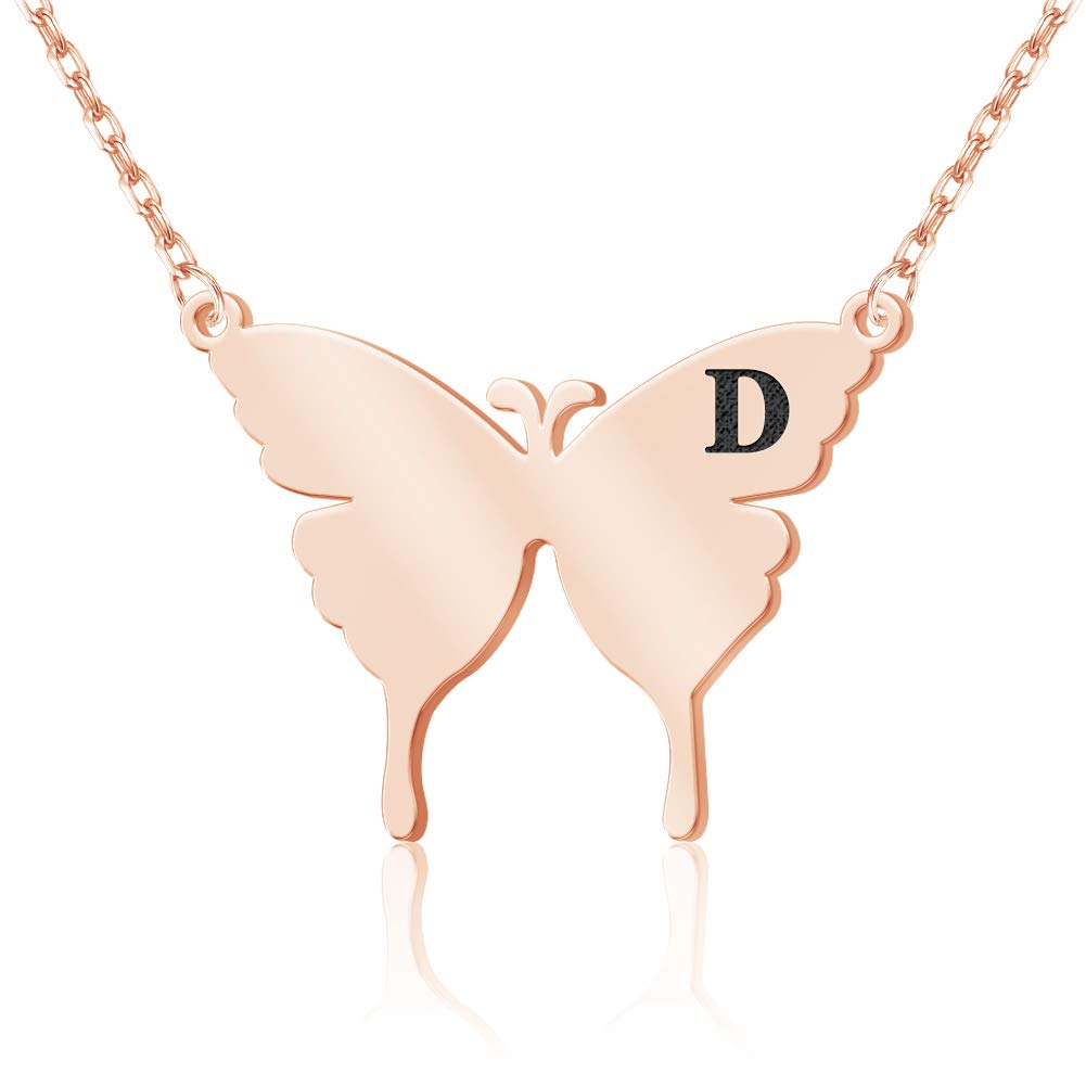 Yopicks Rose Gold Butterfly Necklace, 16”-18” Dainty Initial Necklace A-Z 26 Letters Pendant Necklace for Women