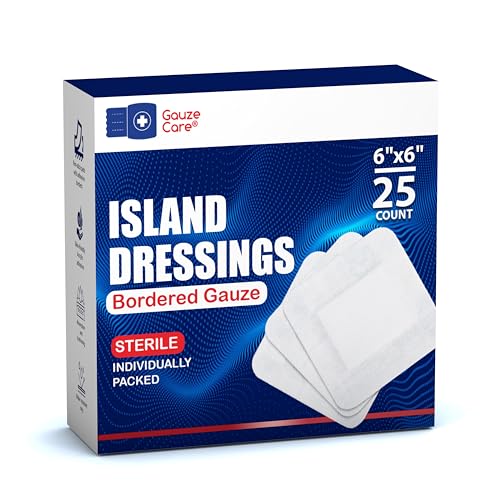 GauzeCare Island Dressing 6x6 (inch) 25 Pcs| Individually Packed Sterile Bordered Dressing | 4x4 Non-Stick Pad in Center with Acrylic Adhesive Borders| Water-Resistant Adhesive Pads for Wound Care