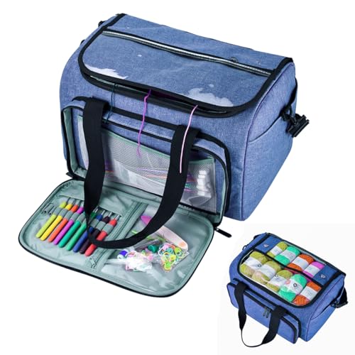 Image of Weabetfu Large Crochet Bag Knitting Bags and Totes Organizer Huge Yarn Bag Storage for Crocheting Knitter,Crochet Hooks,Knitting Needles Kit,Supplies,Yarn - Ideal Crochet & Knitting Gift(Blue)