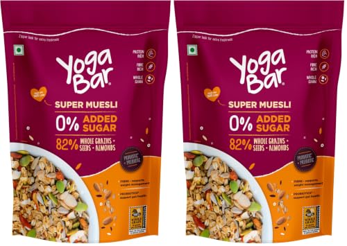 Image of Yogabar Super Muesli, No Added or Hidden Sugar, Breakfast Muesli with Probiotics & Prebiotics, 84% Almonds + Whole Grains + Chia Seeds + Flax Seeds, 400g (Pack of 2)