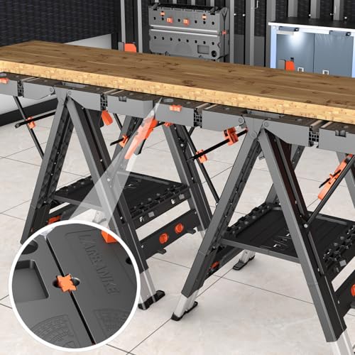 Combined Portable Folding Work Table,2-in-1 Sawhorse & Workbench,Waterproof Workbench with Extra Load Capacity with 8 Woodworking Clamps,8 Connecting Blocks,4 Limit Blocks