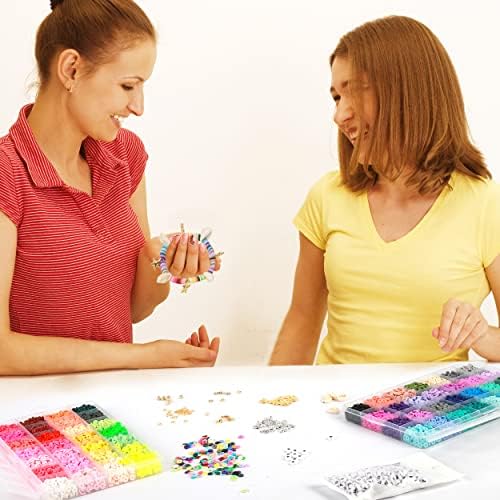 Polymer Clay Heishi Bead Kit (14430 Pieces) - 6mm Flat Round Disc Beads in 56 Colours with Pendant Charms & Jump Rings - Spacer Beads for Necklaces, Bracelets, Earrings & DIY Jewellery Making Crafts