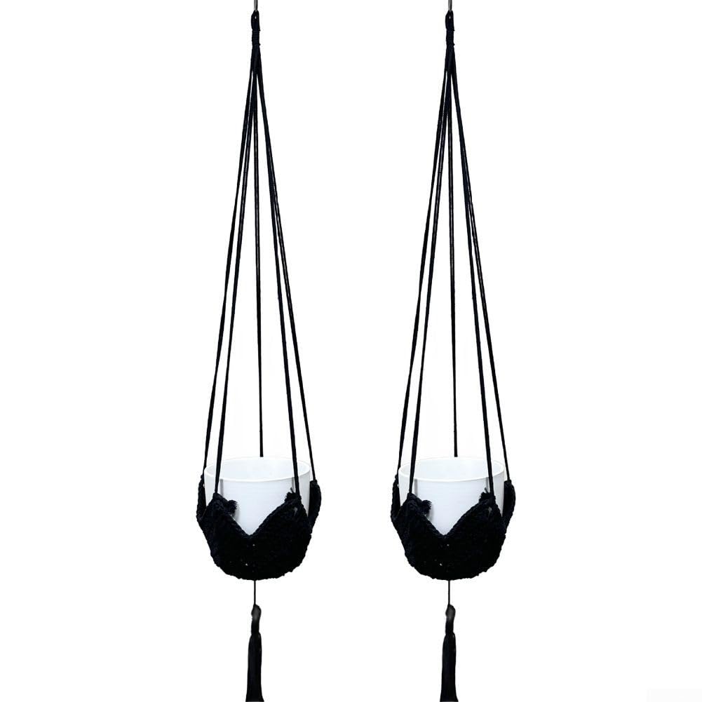 Lot de 2 cintres pour Pots de Fleurs, Design tissé avec Crochets pour Une Suspension Facile à l'intérieur et à l'extérieur (Corde en Coton Noir)