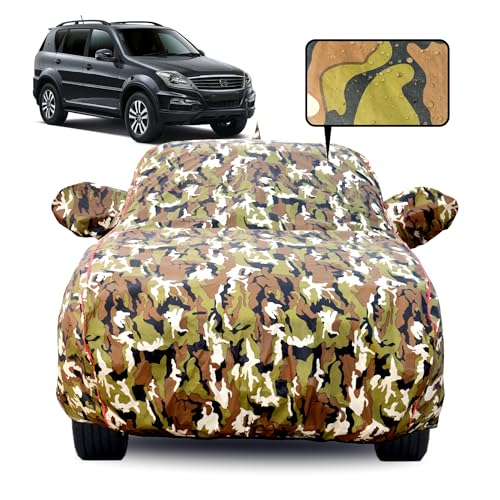 Image of Waterproof Car Body Cover for Mahindra Rexton with Mirror Pocket, Soft Cotton Lining, Triple Stitched, Full Bottom Elastic (Heat Resistant Jungle Print with Red Piping)