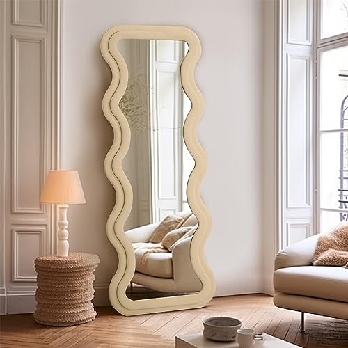 Image of Full Length Mirror 63 inchx24 inch Irregular Wavy Mirror with Flannel Wrapped Wood Frame Floor Mirror for Living Room, Bedroom Hanging or Leaning Wall-Mounted, Milk Teal