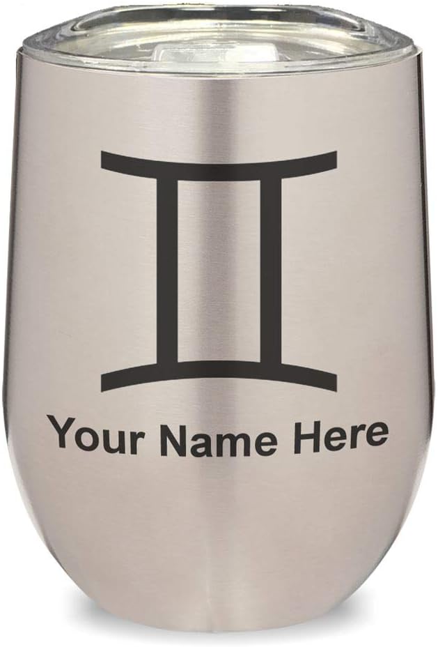 LaserGram 16oz Double Wall Stainless Steel Wine Glass Tumbler, Zodiac Sign Gemini, Personalized Engraving Included (Black)