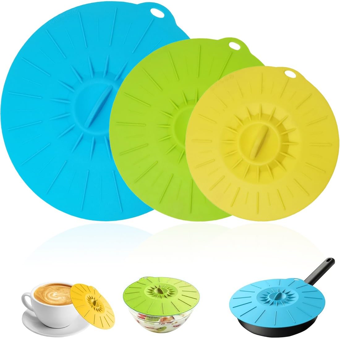 3 tapas de silicona para microondas, tapa reutilizable de silicona, tapas de ventosa, para cuencos, platos, ollas, sartenes – 3 tamaños